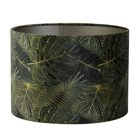 Pantalla cilíndrica de terciopelo con motivo verde tropical y hojas de Monstera para lámpara de mesa 25-25-18