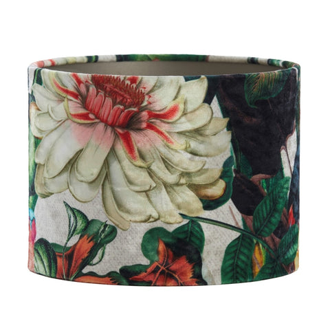 Pantalla cilíndrica de terciopelo con dalias verde naranja 20-20-15cm