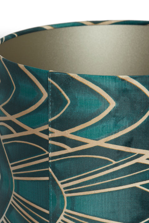 Pantalla cilíndrica de terciopelo verde estructurado con adornos dorados para lámpara de mesa lámpara de mesa 25-25-18