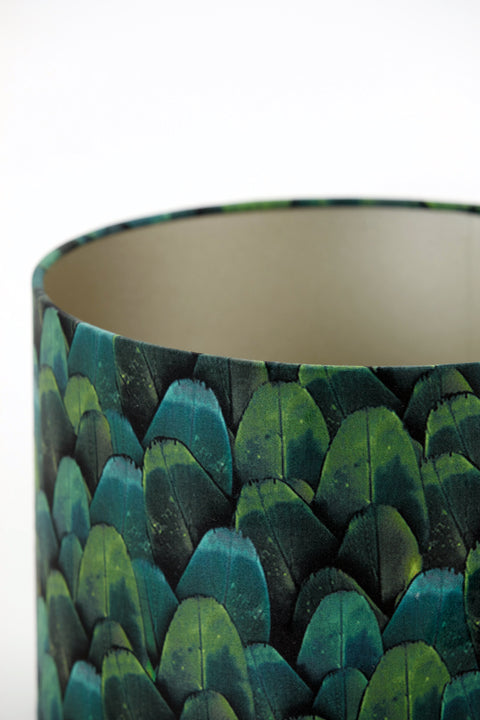 Pantalla cilíndrica de terciopelo verde con adornos de plumas para lámpara de mesa, lámpara colgante, lámpara de pie 25-25-18