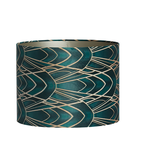 Pantalla cilíndrica de terciopelo verde estructurado con adornos dorados para lámpara de mesa lámpara de mesa 25-25-18