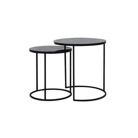 Juego de 2 mesas auxiliares Ø40x45+Ø50x52 cm metal cristal antiguo negro mate