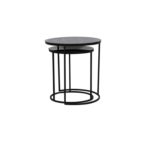Juego de 2 mesas auxiliares Ø40x45+Ø50x52 cm metal cristal antiguo negro mate