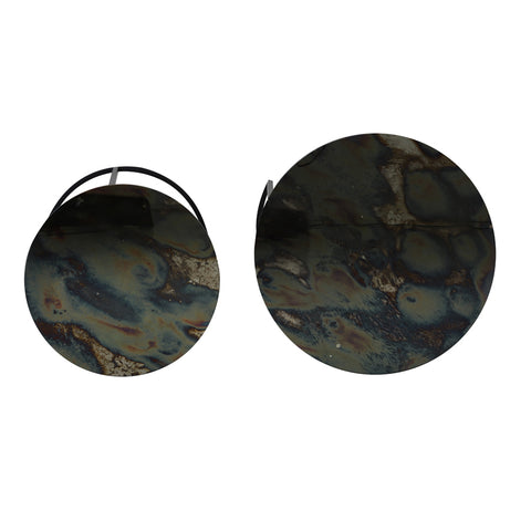 Juego de 2 mesas auxiliares Ø40x45+Ø50x52 cm metal cristal antiguo negro mate