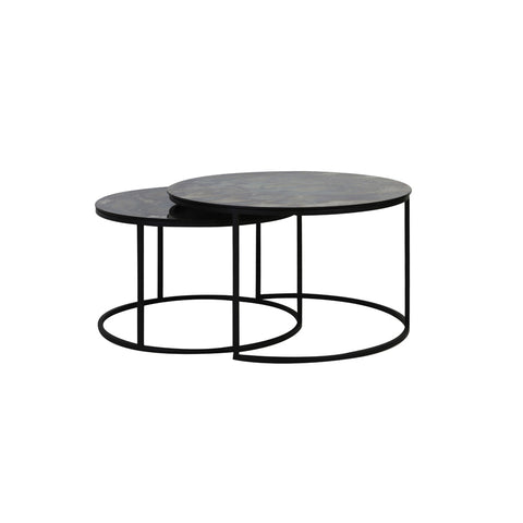 Juego de 2 mesas auxiliares Ø40x45+Ø50x52 cm metal cristal antiguo negro mate