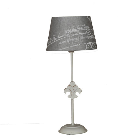 tischlampe metall antik weiss lampenschirm leinen grau weiss