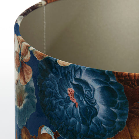 Lampenschirm in Velours mit Blumen Motiven in Blau Zylinder 40-40-30 für Tischleuchte Standleuchte
