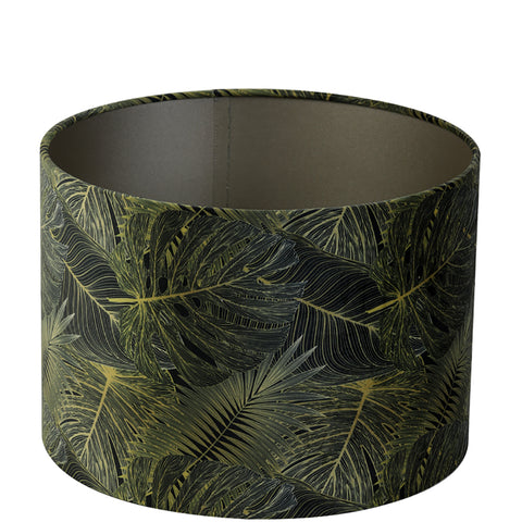 Lampenschirm Zylinder in Velours Tropical Grün Motiv Monstera Blatt für Tischleuchte Tischlampe 35-35-30