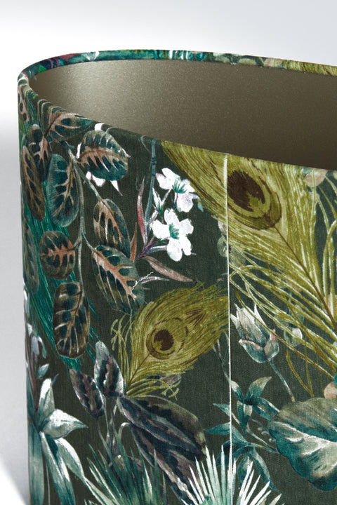 Lampenschirm Oval in Velours mit Floralen Motiven in Grün für Tischleuchte Tischlampe 45-45-32
