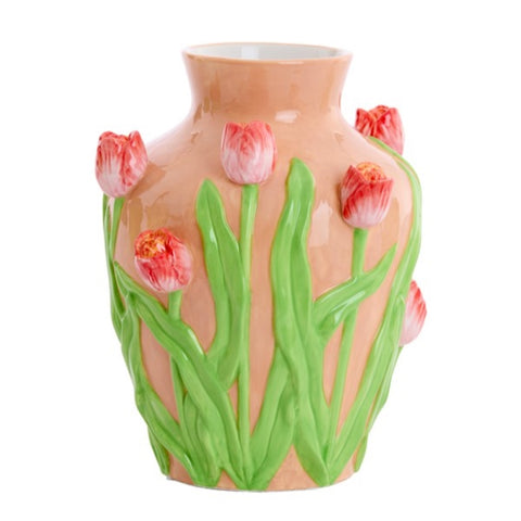 Deko Vase Keramikvase Tulpen 3D-Relief – H 26cm / B 21,5cm – Pastell Frühlingsdeko