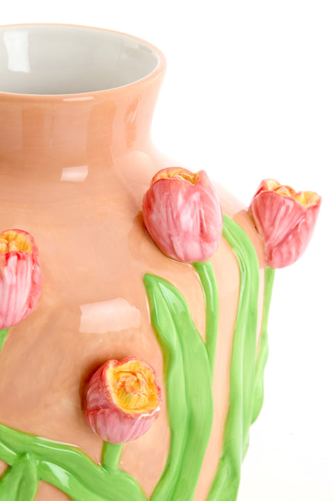 Deko Vase Keramikvase Tulpen 3D-Relief – H 26cm / B 21,5cm – Pastell Frühlingsdeko