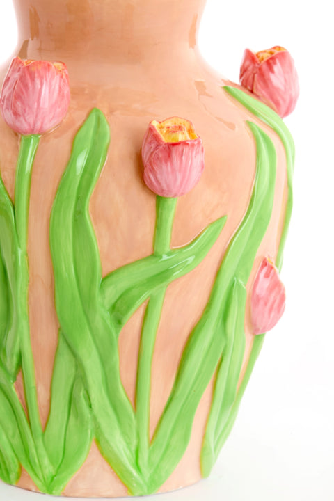 Deko Vase Keramikvase Tulpen 3D-Relief – H 26cm / B 21,5cm – Pastell Frühlingsdeko