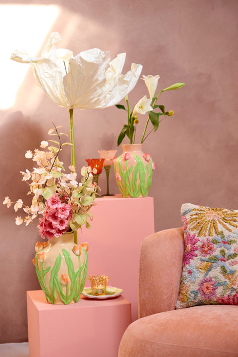 Deko Vase Keramikvase Tulpen 3D-Relief – H 26cm / B 21,5cm – Pastell Frühlingsdeko