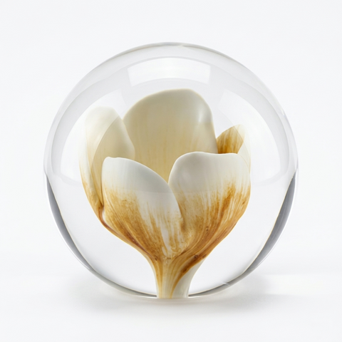 Ornament Glas Frühlingsblüte Weiß Ocker, Blumen Kugel, Briefbeschwerer Glaskugel, Pflanzen Ornament Ø8,5x8,5cm