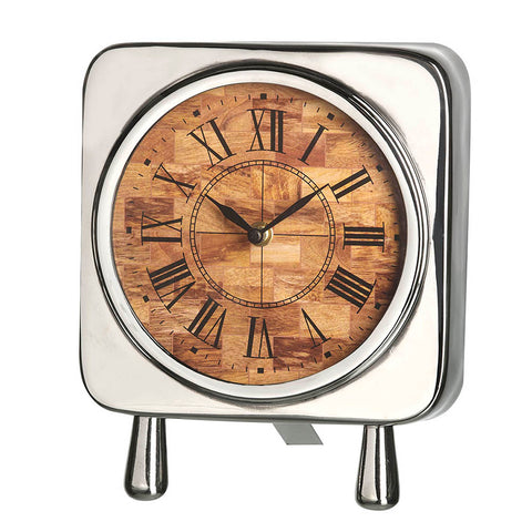 Table clock chrome polished H220x180 mm dial wood look brown