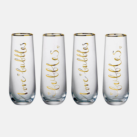Trinkgläser 4er Set Text Bubbles in Gold mit Goldrand H15cm  Ø4,5cm